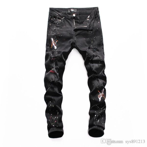 

men's high-quality slim black jeans love to tear open jeans 2020 brand new boutique embroidery men's clothing designer, Blue