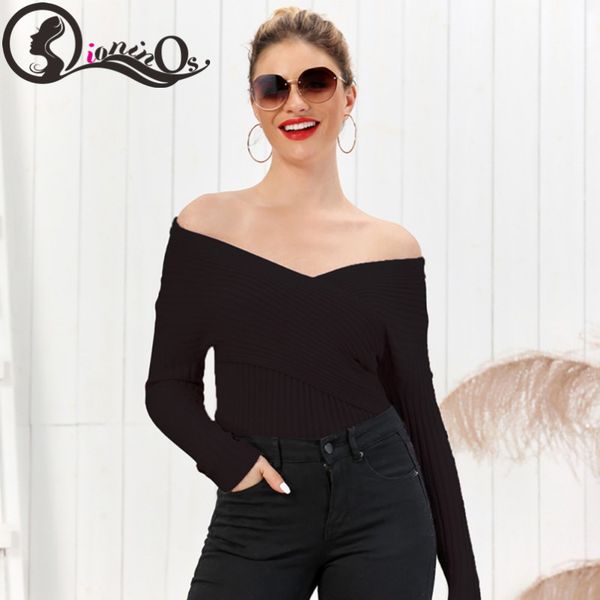 

women autumn sweater v-neck slim fashion knit pullovers 2019 new long-sleeved solid color off shoulder sweaters, White;black