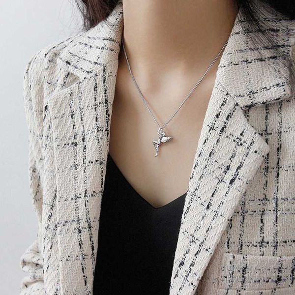 

angel fairy long chain 925 sterling silver pendant necklace for women girls simple cute jewelry accesorios
