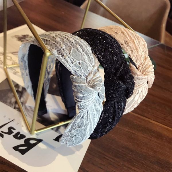 

korea high grade lace silk gauze flower knotted hairbands wide headband for women girls retro hair accessories headdress buckle