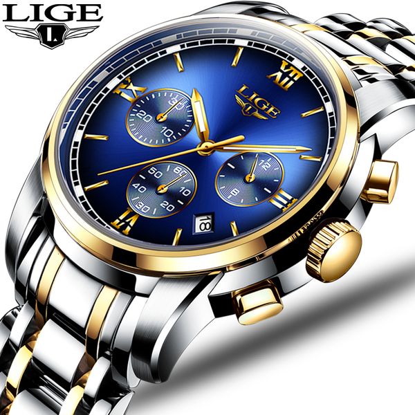 

montre homme часы men luxury brand lige хронограф мужские спортивные часы водонепроницаемая полный стали кварцевые часы мужские relogio ly19, Slivery;brown