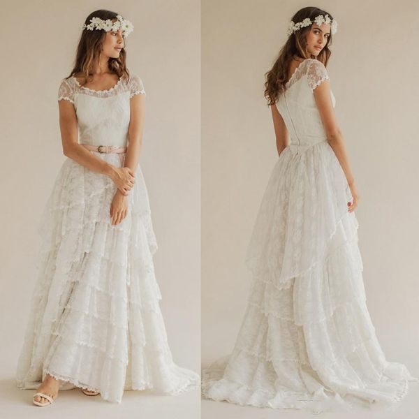 

2019 boho wedding dresses lace tiered a line wedding gowns capped short sleeves bridal dress china zipper back, White