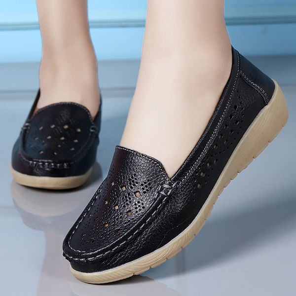 

ladies shoes loafers women wedges flats breathable hollow genuine leather shoe solid round toe slip-on loafers, Black