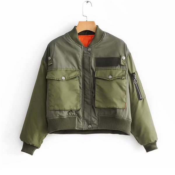 

winter military green moto biker bomber jacket for women cropped long sleeve big pocket female oversized coat outerwear, Black;brown