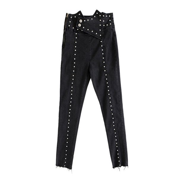 

heavy rivets jeans for women high waist tunic ankle length denim trousers female fashion pencil pants 2020 autumn, Blue