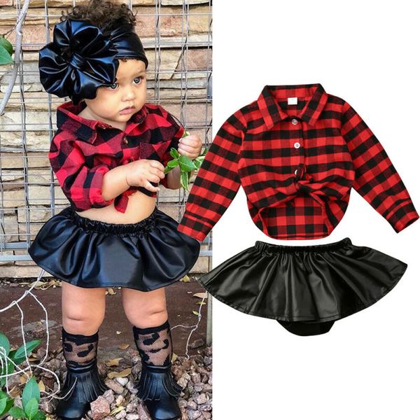 

baby girls christmas outfits 2pcs fashion toddler kids girl xmas checks shirt+pu skirt dress outfit set, White