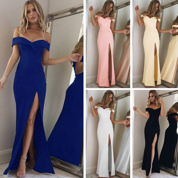 

2019 summer women dress elegant party evening vestidos blue slim cotton maxi dress female slash neck off shoulder long robe, Black;gray