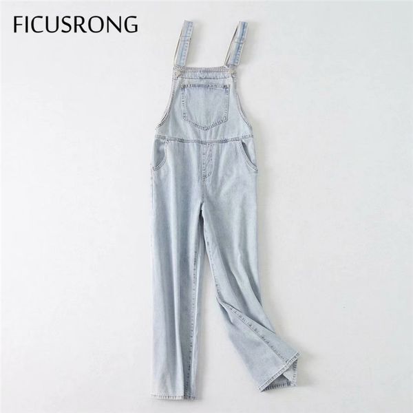 

ficusrong 2020 new autumn women big pocket denim pants high waist loose england style overalls full length button cotton jeans, Blue