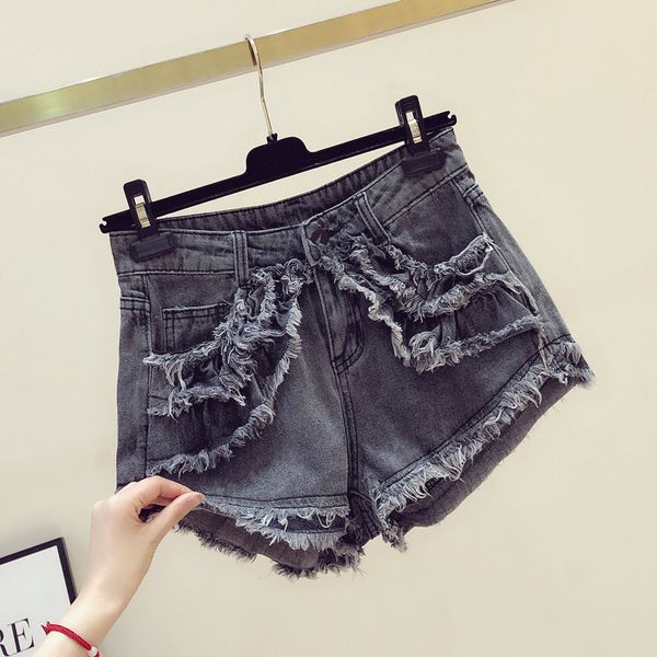 

summer new denim shorts female 2020 korean version of loose irregular edging high waist was thin a word wide leg pants tide, Blue