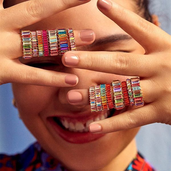 

fashionsnoops new thin baguette rainbow cz gold ring for women girl colorful cubic zirconia engagement band charm jewelry, Slivery;golden