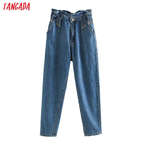 

tangada 2020 women high waist mom jeans pants long trousers strethy waist pockets zipper female pants 4m145, Blue