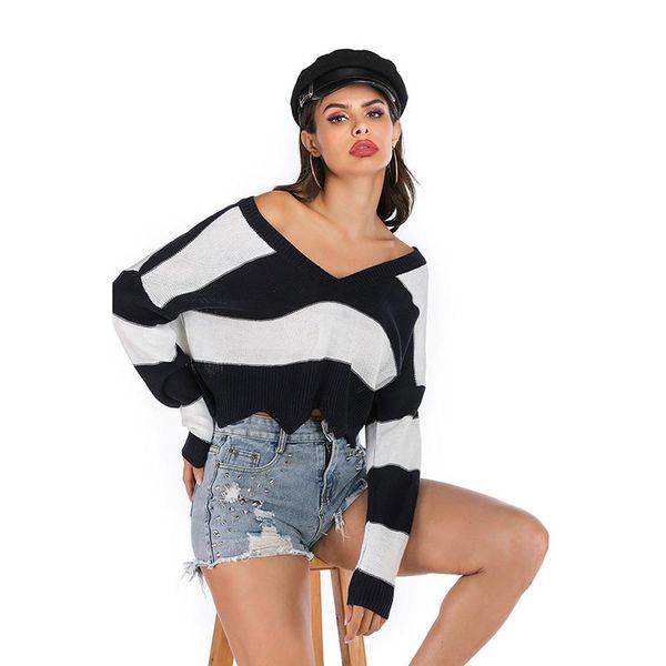 

женщины повседневная sexy свитер v-образным вырезом в полоску с волнистой кромкой сыпучие вязание свитера осень мода женщины топы свитера, White;black