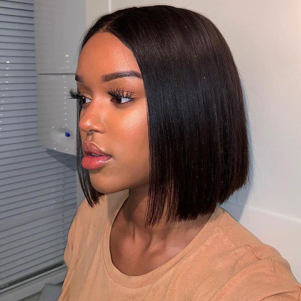 

4x4 closure wig short bob lace front human hair wigs for black women straight wave brazilian wig full buy one get one free, Black;brown