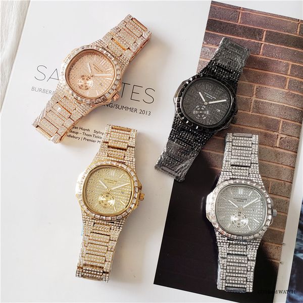 

2020 square diamond men watch luxury gold iced out watch big dial quartz business wrist hip hop male clock relogio masculino yu, Slivery;brown