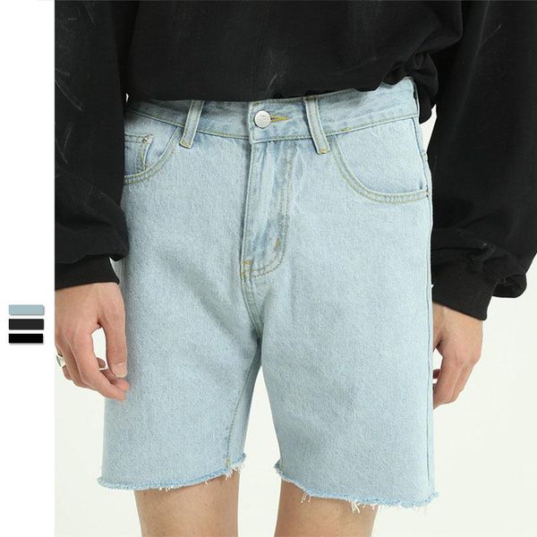 

men summer knee length cotton jeans male japan korea streetwear vintage fashion casual washed cotton denim pant jean, Blue