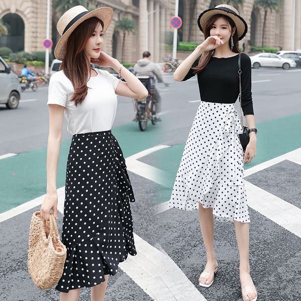 

customize made women plus size 3xs-10xl casual retro vintage polka dot print irregular wrap skirt lady's midi mermaid skirts, Black
