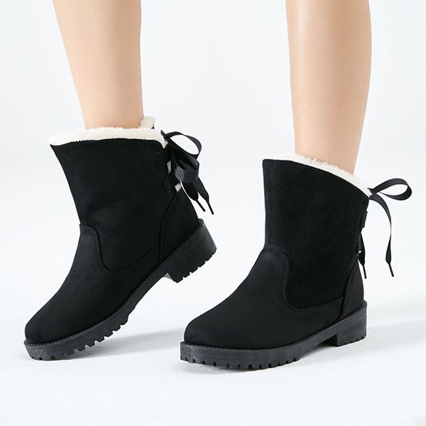 

winter boots women warm fleece snow boots tie bow lace-up ankle sqaure heels shoes booties platform plus size botas mujer, Black