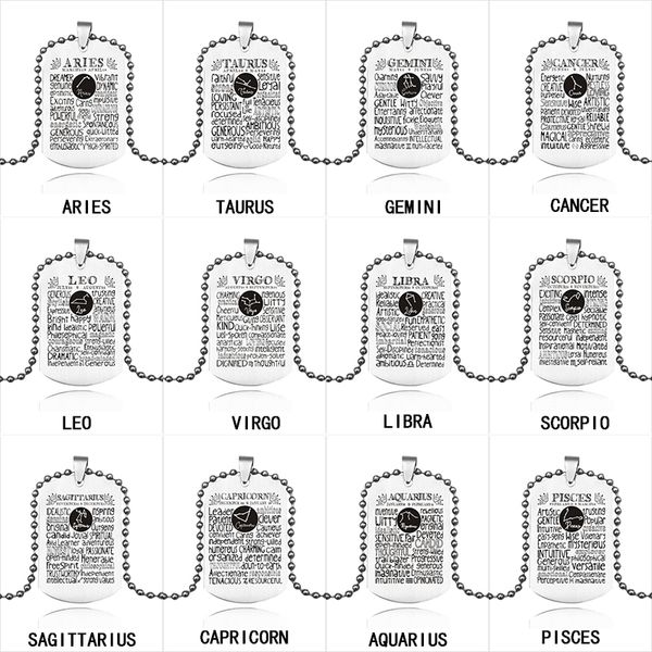 

stainless steel 12 zodiac letter necklace for women men constellation sign titanium steel dog tag pendant beads chains fashion jewelry, Silver