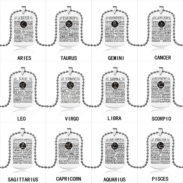 

нержавеющая сталь 12 зодиак письмо ожерелье для женщин мужчин созвездие знак титана стали бирка собаки кулон бусины цепи ювелирные изделия, Silver