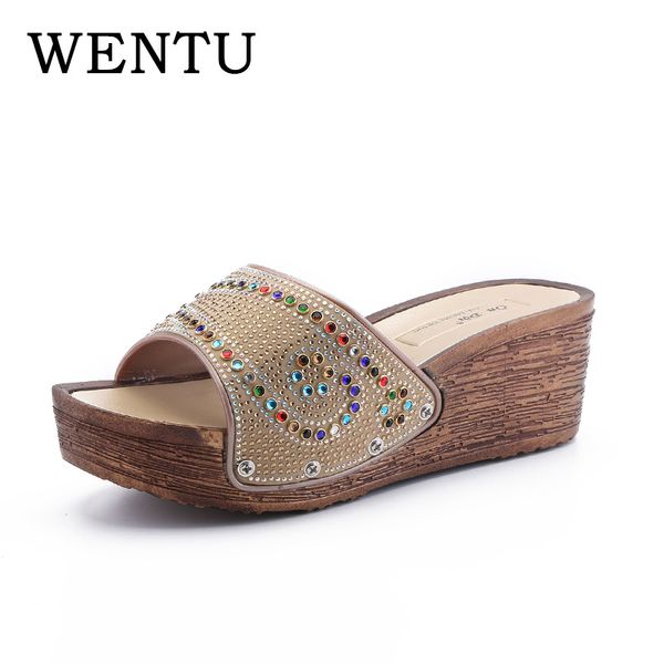 

wentu slippers women bordered wedges flip flops bling decoration summer sandals platform shoes fish mouth slippers no slip shoes, Black