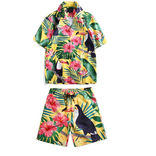 

mr.1991in summer vacation sets men's toucan printed tropical style beach hawaiian suit short shirts shorts two piece suit men, Gray