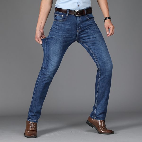 

2018 men's jeans casual business worksuit straight fit stretch jeans slant pockets long trouser elasticity big size, Blue