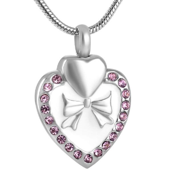 

ijd9123 stainless steel white bowknot cremation inlay crystal heart box pendant necklace for ashes urn with snake chain jewelry, Silver