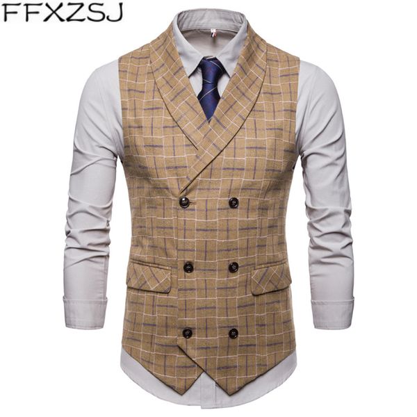 

ffxzsj 2019 new brand mens plaid suit vest 3xl 4xl fashion party dress vest men england style business casual grey vests for men, Black;white