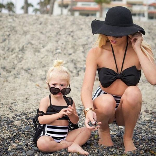 

family matching outfits est summer swimsuits for mother daughter striped swimwear set with bow tie mommy and me look girl's bathing bik, Blue
