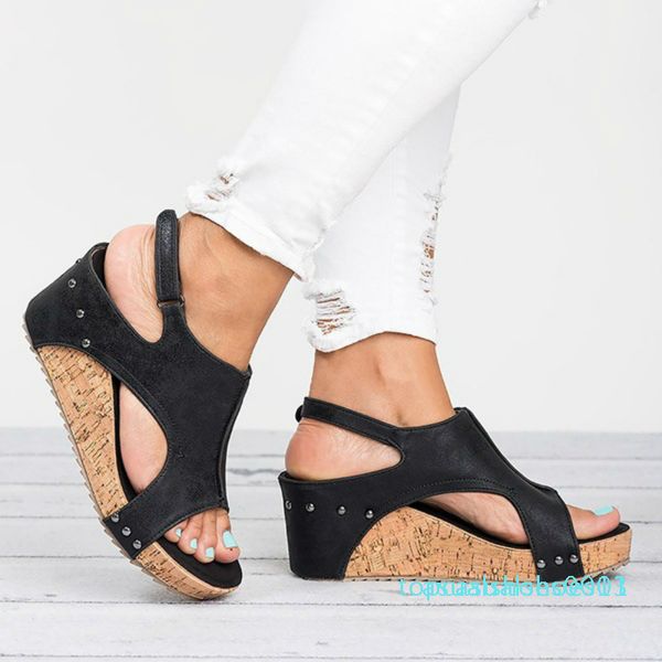 

women platform sandals 2019 summer wedges shoes for women leather heels sandalias mujer summer shoes soft comfortable sandals t13, Black