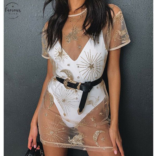 

women summer beach dress loose star moon print sequins bikini cover twill up mesh see through short sleeve mini dress vestido, Black;gray