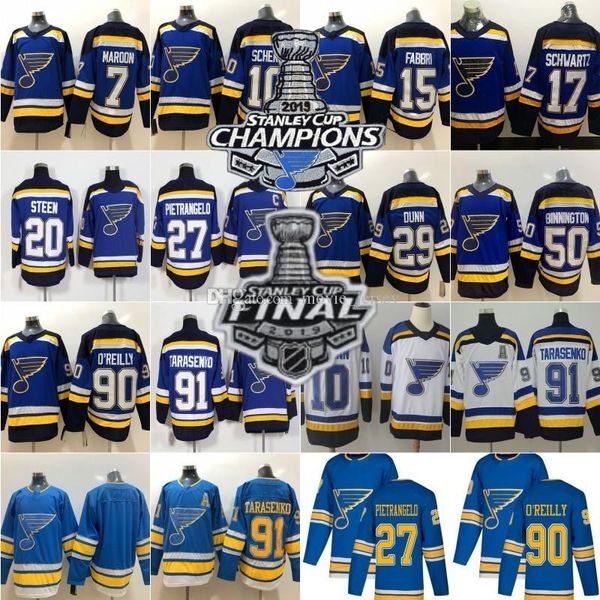 

2019 Stanley Cup Champions St. Louis Blues 91 Vladimir Tarasenko 90 Ryan O'Reilly 50 Binnington 7 Maroon 17 Schwartz 10 Schenn hockey jersey