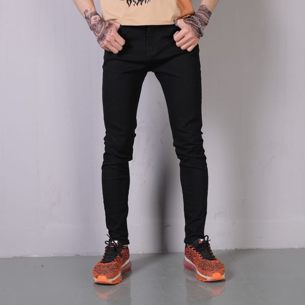 

mens designer jeans classic holes pure black slim feet skinny high street all-match simple pants, Blue