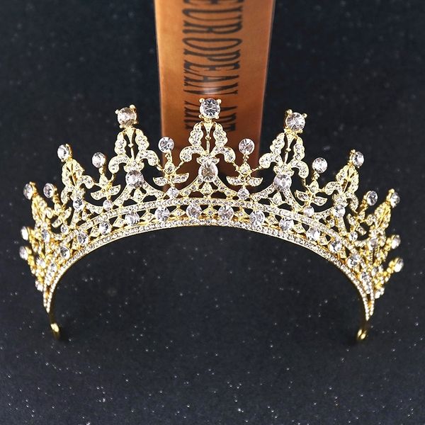 

luxury gold rhinestone bridal crown handmade tiara bridal headpieces crystal wedding diadem queen crown wedding hair accessories, Golden;white