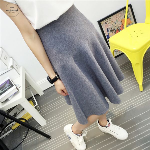 

new 2019 women knitted jupe autumn winter solid high waist midi skirts a-line pleated skirt female saia high quality, Black