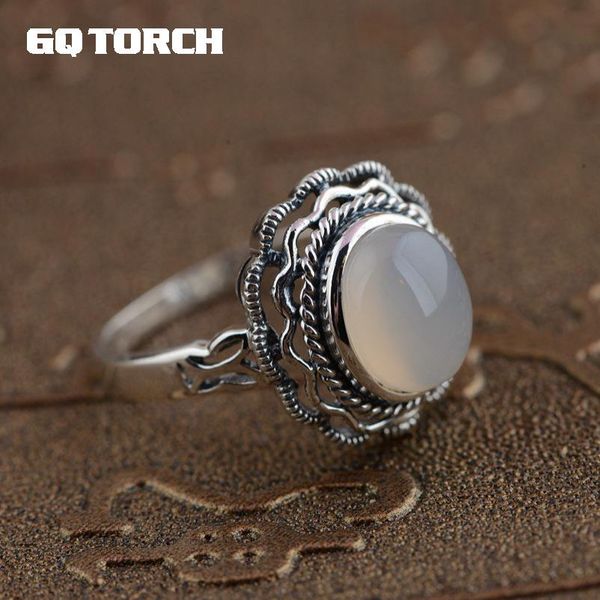 

gqtorch 925 sterling silver natural white chalcedony gemstone rings for women vitnage hollow flower carved anel feminino, Golden;silver