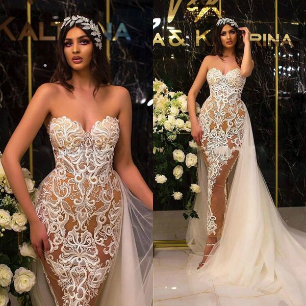 

2020 mermaid wedding dresses with detachable train sweetheart champagne tulle plus size wedding dresses bridal gowns vestido de novia, White