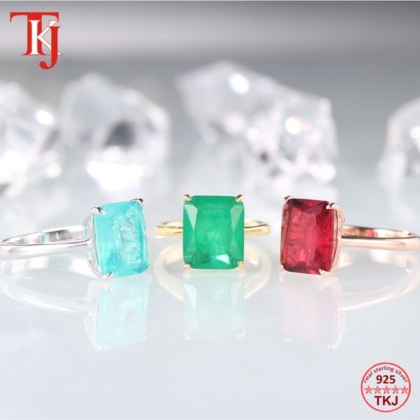 

tkj real 925 silver ring square ruby and emerald ring wedding engagement rings for women fine jewelry accessories gifts, Slivery;golden
