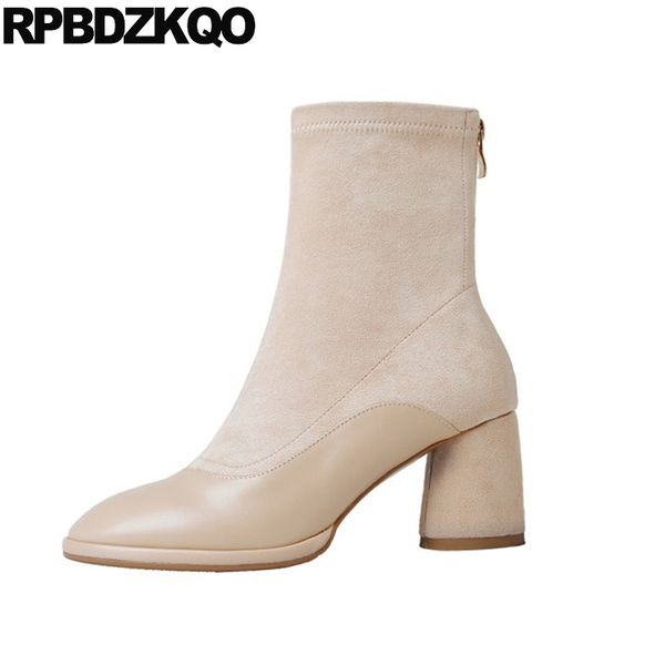 

high heel ankle vintage boots block suede autumn chunky short female genuine leather round toe designer shoes women luxury 2019, Black