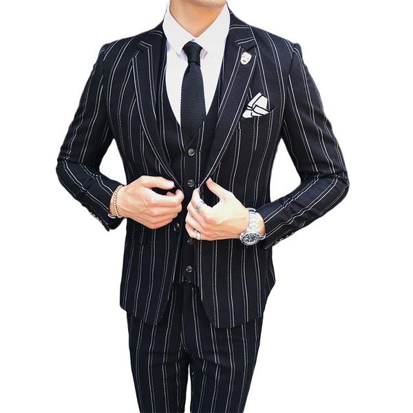 

autumn and winter mens striped dress suit black navy blue high-end business wedding banquet men blazer jacket + vest + pants, White;black