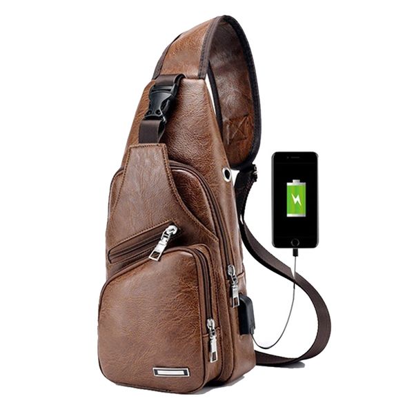 

2019 new men's chest bag men leather chest pack usb backbag with headphone hole functional travel organizer male sling bag