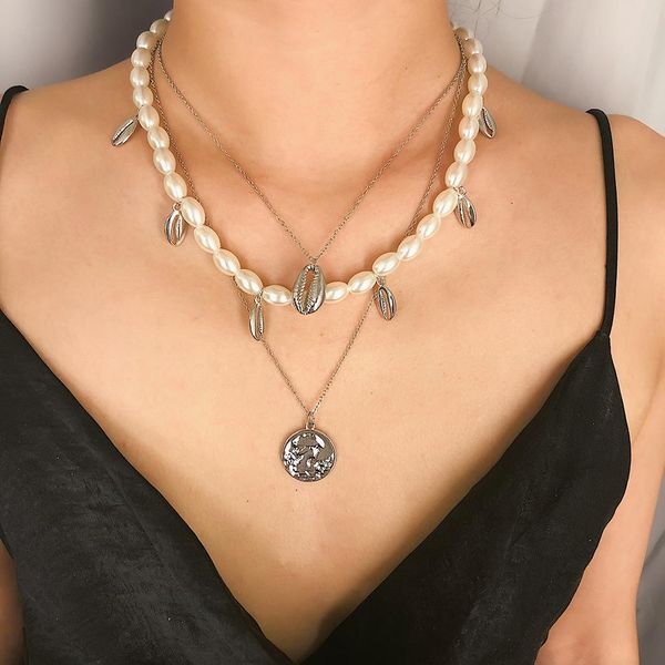 

retro women 3-layer faux pearl shell portrait pendant necklace jewelry accessory new hot, Golden;silver