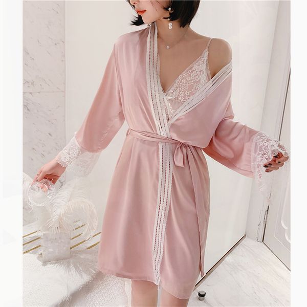 

satin 2 piece sleepwear long sleeve nightgown silk pajama dress lounge wear set pijamas dress home clothes tunic robe women, Black;red
