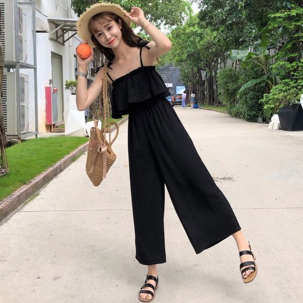 

women's spaghetti strap jumpsuit sleeveless wide leg overalls rompers girls sweet ankle-length pants jumpsuits, Black;white