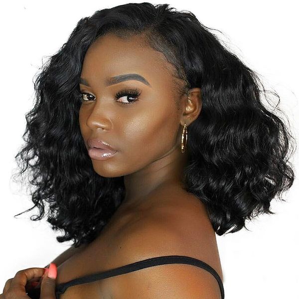 

13x4 lace front human hair wigs brazilian remy water wave bob frontal wig glueless pre plucked black women, Black;brown