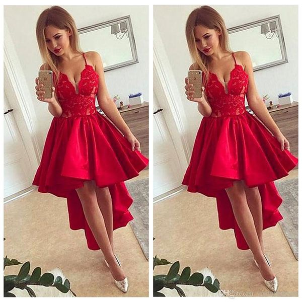 

cocktail dress sleeveless hi-lo knee length satin lace backless party spaghetti strap short homecoming dress bridesdmaid, Black