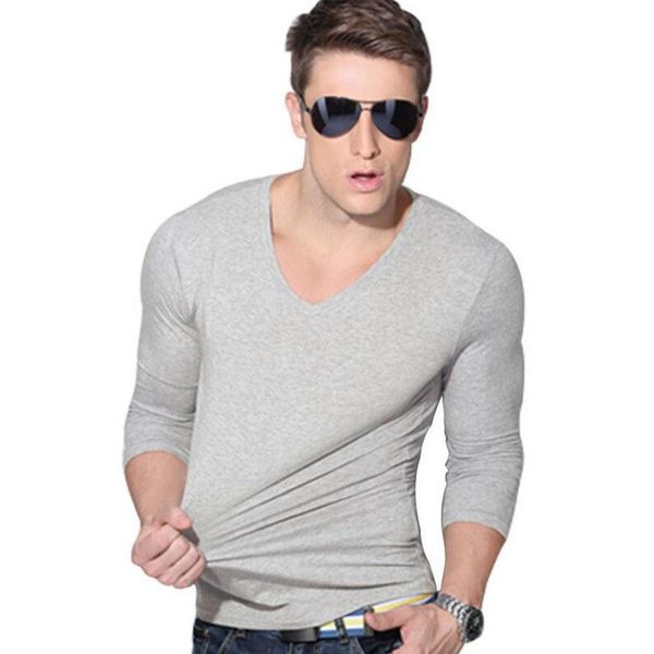 

men fashion solid t -shirt spring long sleeve slim shirt brand clothing casual mens v -neck tshirt for man kawaii, White;black