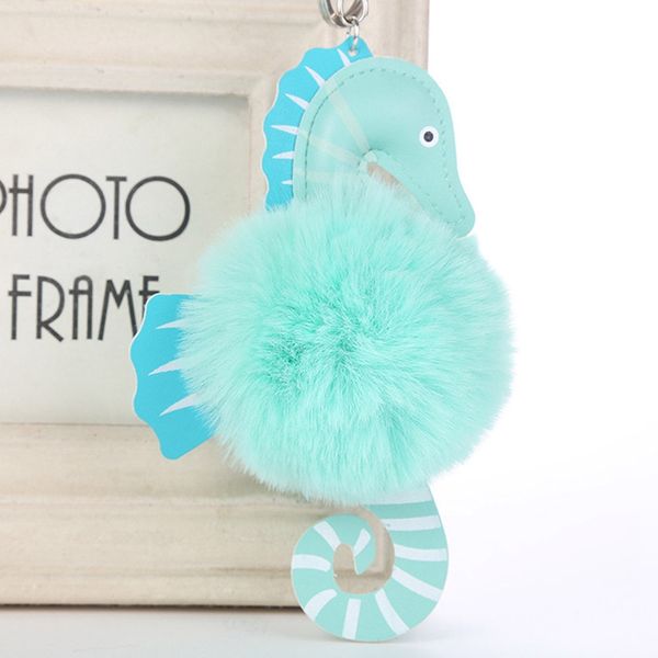 

12 Color Fashion Faux Fluffy Puff Ball Lovely Leather Seahorse Pompom Keychain Car Key Chain Ring Women HandBag