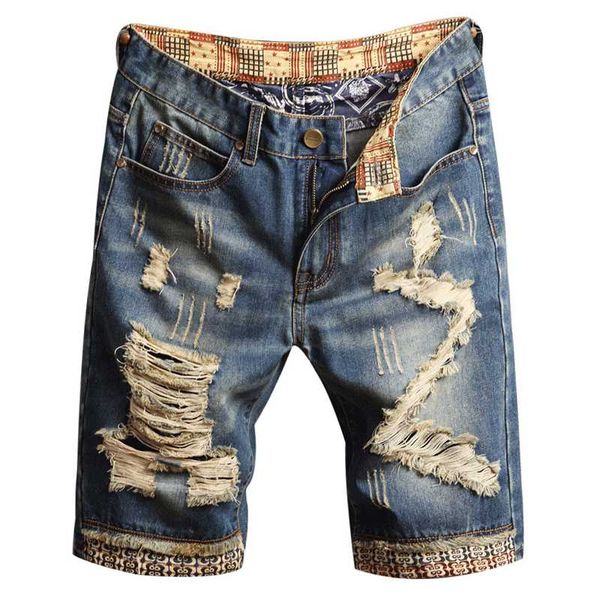 

sokotoo men's summer holes ripped denim shorts trendy patchwork knee length jeans beggar capri, Blue