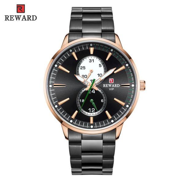 

reward brand men quartz wristwatches luminous 24 hour complete calendar black watch stainless steel fashion casual clock, Slivery;brown